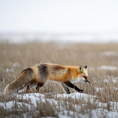 Red fox walking in snowy grass