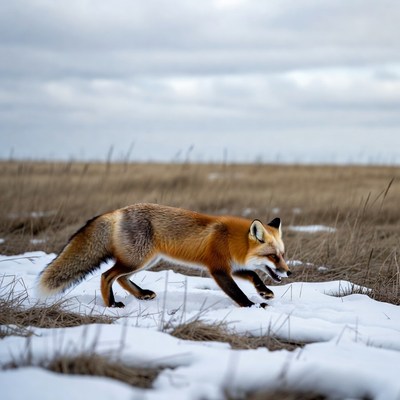 Red fox walking in snowy field