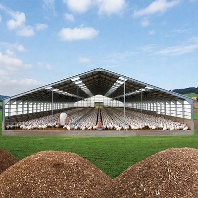 Chickens in Large Poultry Greenhouse