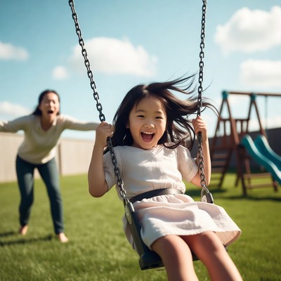 Asian girl swinging with joyful mother
