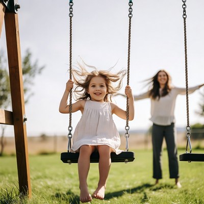 Girl Swinging with Mom Pushing