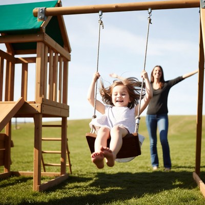 Girl swinging on playground with mom