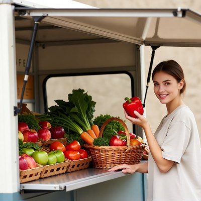 Woman holding red pepper at food truck