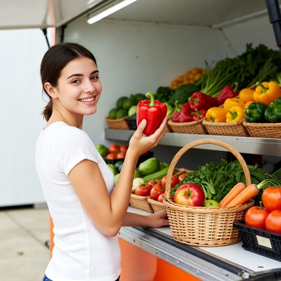 Smiling woman holding red pepper at market
