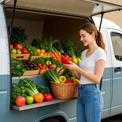 Woman holding red pepper at veggie van
