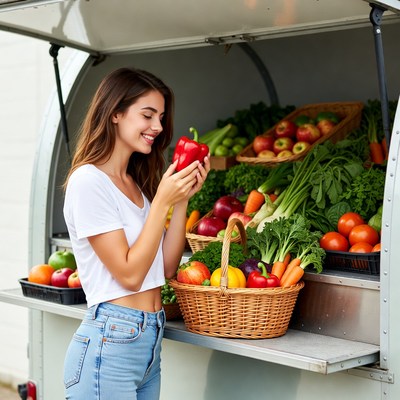 Woman holding red pepper at food truck