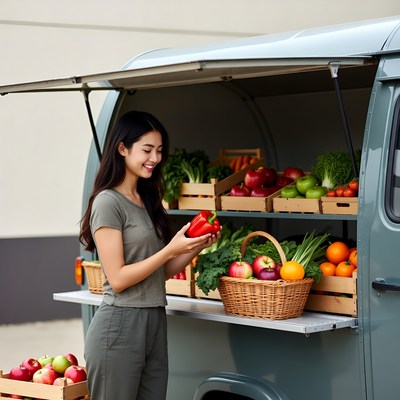 Asian woman holding red pepper at food truck
