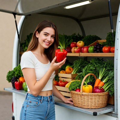 Woman holding red pepper at food truck