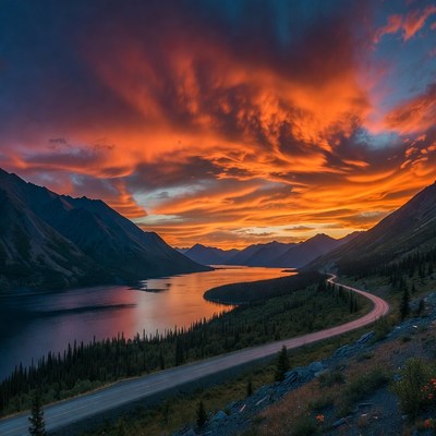 Sunset over mountain lake and winding road