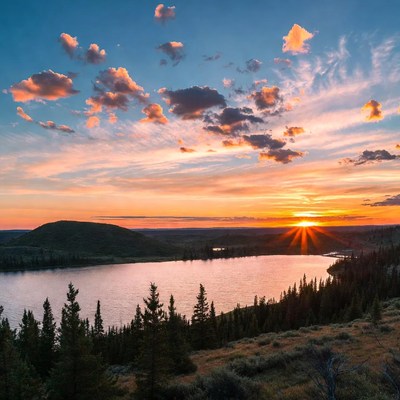 Sunset over mountain lake