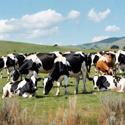 Herd of Holstein cows grazing in green pasture