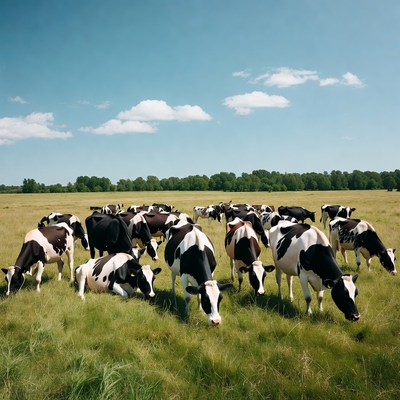 Herd of Holstein cows grazing in green field