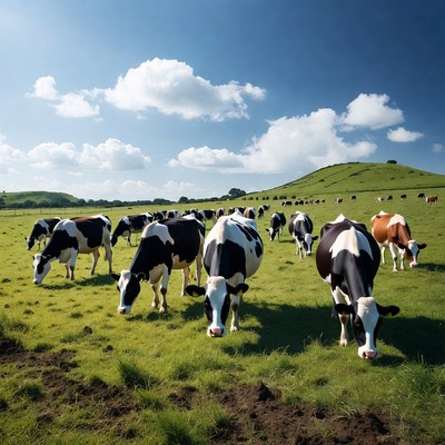 Herd of cows grazing green field