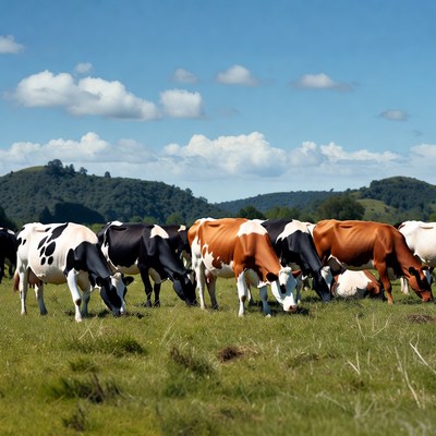 Herd of cows grazing in green pasture