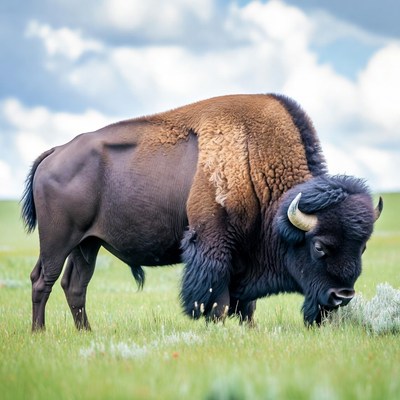 Bison grazing in green grass