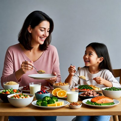 Mother and daughter eating healthy breakfast