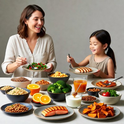 Asian mother and daughter eating healthy meal