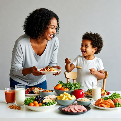 African-American mother feeding toddler healthy food