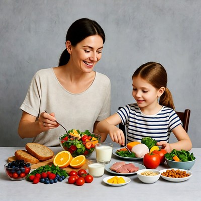 Mother and daughter eating healthy food