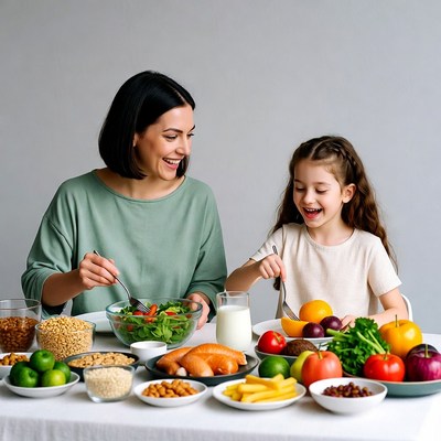 Mother and daughter eating healthy food