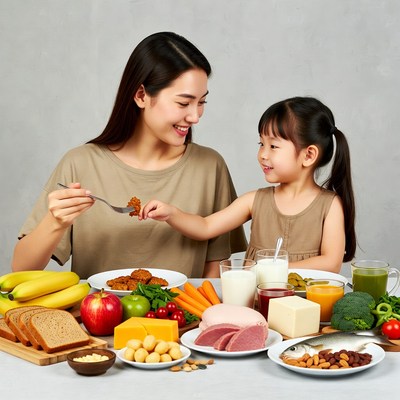 Asian mother feeding young girl healthy food