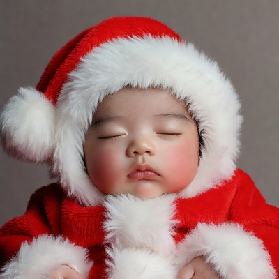 Asian baby sleeping in Santa suit