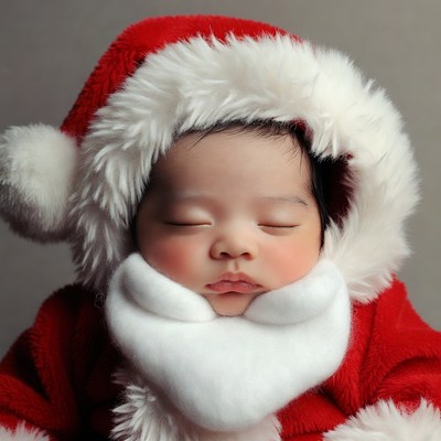 Asian baby sleeping in Santa suit