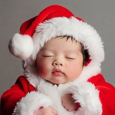 Asian baby sleeping in Santa suit