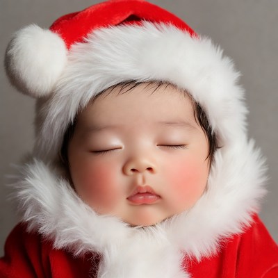 Asian baby sleeping in Santa hat