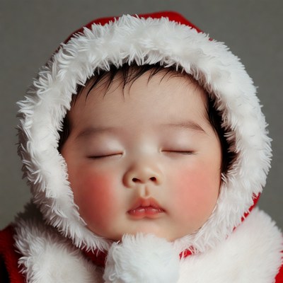 Asian baby sleeping in Santa hat