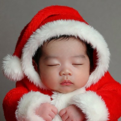 Asian baby sleeping in Santa suit