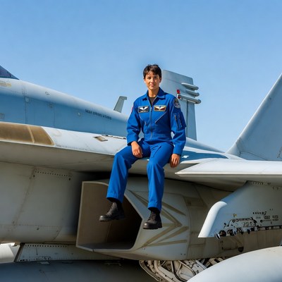 Female pilot sitting on fighter jet