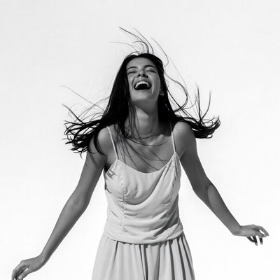 Woman laughing with flowing hair