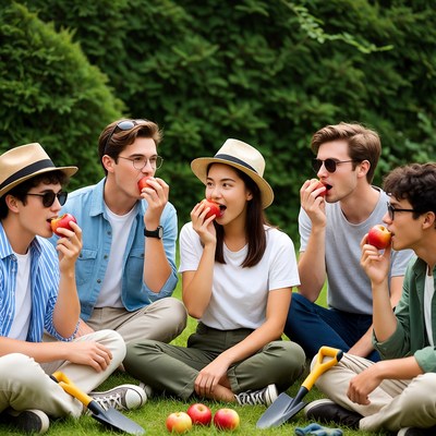 Young Asians Eating Apples Outdoors