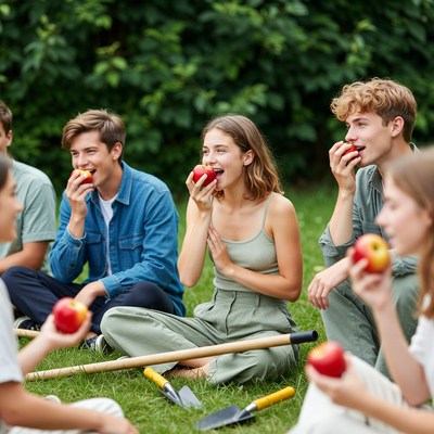 Group of teens eating apples in grass