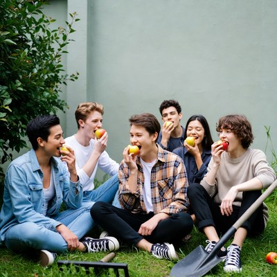 Group of friends eating apples outdoors