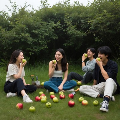Asian friends eating apples on grass