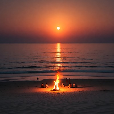 Group around beach bonfire at sunset
