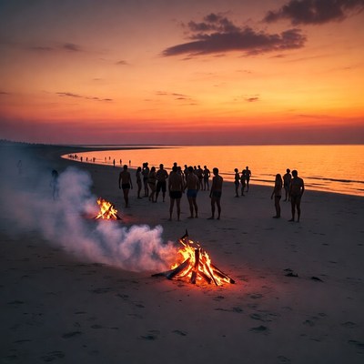 People around beach bonfires at sunset