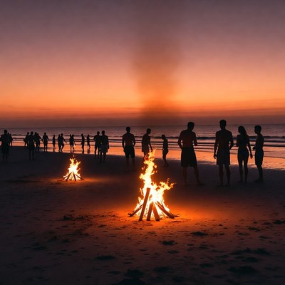 Silhouettes around beach bonfires at sunset
