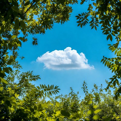Fluffy Cloud Framed by Green Leaves