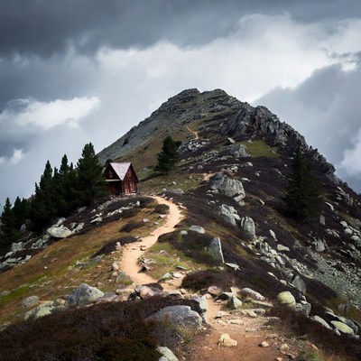 Red Cabin on Mountain Trail