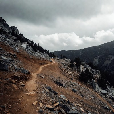 Mountain Trail to Cabin Under Cloudy Sky