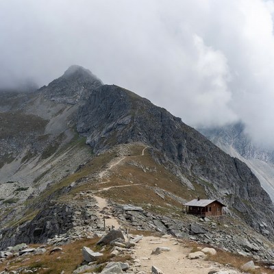 Mountain hut on rocky trail