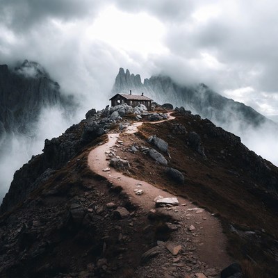 Mountain Cabin on Rocky Path in Fog