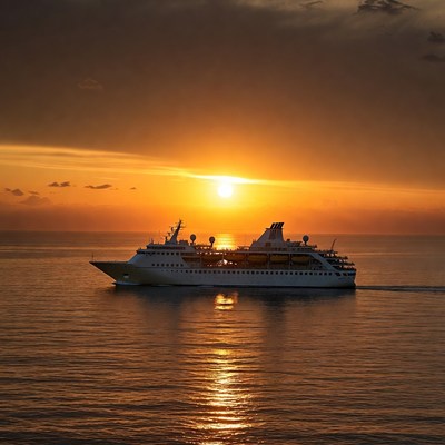 White Cruise Ship at Sunset