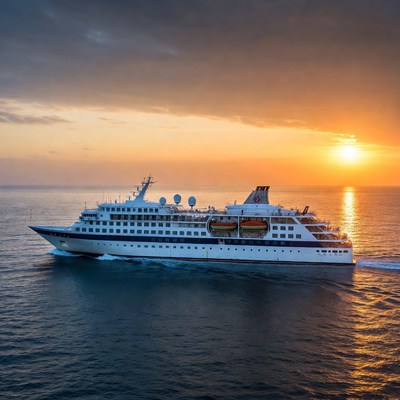 White Cruise Ship at Sunset