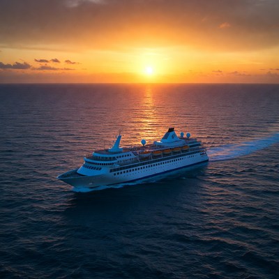 Cruise ship sailing at sunset