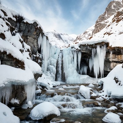 Frozen Waterfall in Snowy Mountains
