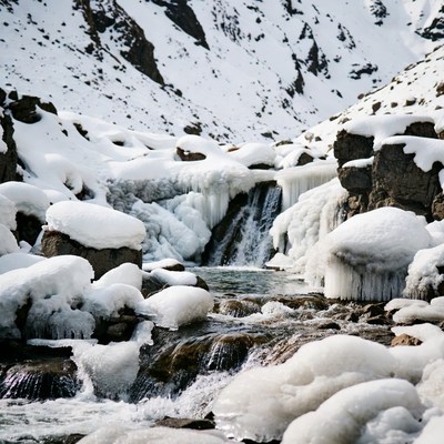 Frozen Waterfall in Snowy Mountains